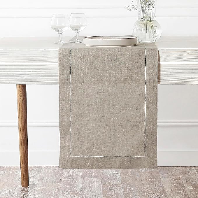 D'Moksha Homes Linen Natural Table Runner 72 Inches Long - 100% Pure Linen Hemstitch Table Runner 14 x 72 Inch for Dresser, Dining, Winter, Holiday, New Year - Classic Hemstitch