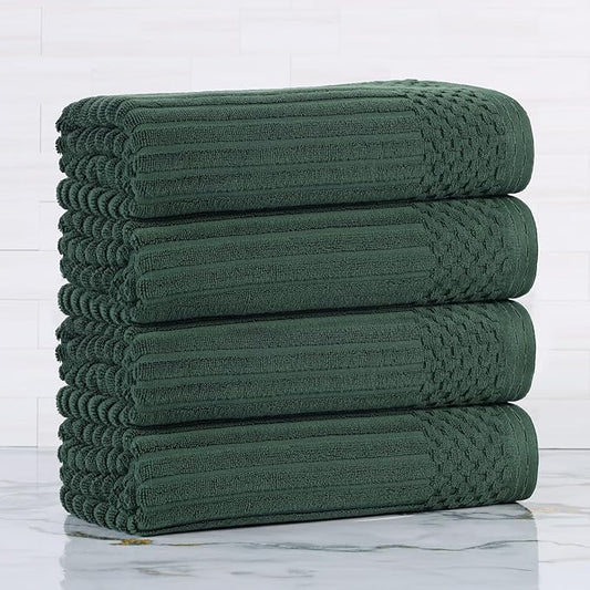 Superior Cotton Bath Towel Set of 4, Daily Use for Bathroom, Guest Bath, Quick Dry, Spa, Resort Towels, Ribbed, Absorbent, Home Essentials, 4-Piece Bath Towels, Soho Collection, Forest Green