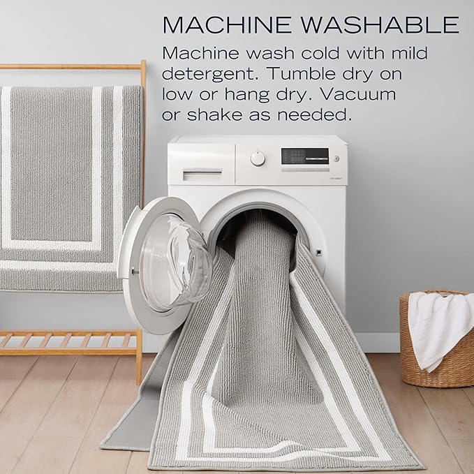 Nautica – Runner Rug 2 Piece Set | Indoor Runners for Hallways and Entry Rugs| Non-Skid Entry and Kitchen Door Mat| Machine Washable Carpet Rugs | 2'2" x 3'9" and 2'2" x 5' | Double Border Light Grey