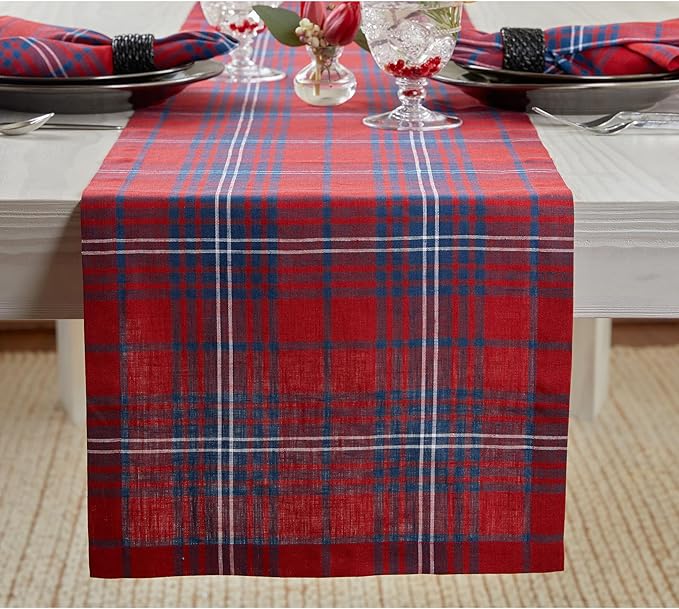 Solino Home Linen Tartan Plaid Table Runner 48 Inches - 100% Pure Linen Red and Navy Short Table Runner 14 x 48 Inch Ideal for Dresser and Coffee Tables