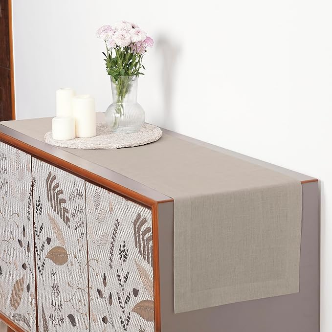 D'Moksha Homes Linen Natural Table Runner 48 Inches - 100% Pure Linen Small Table Runner 14 x 48 Inch for Coffee Tables, Dresser, Winter, Holiday, New Year - Machine Washable