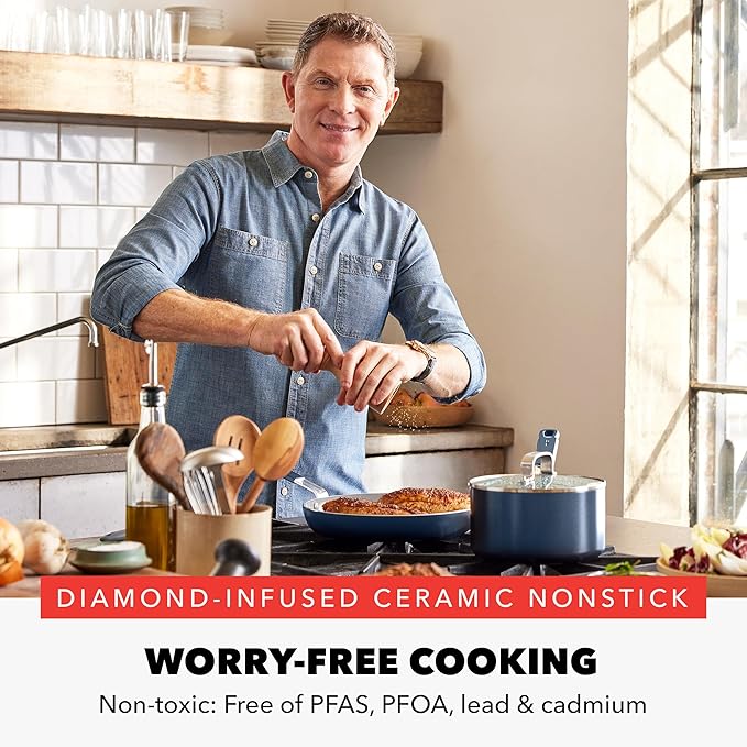 GreenPan x Bobby Flay 2 Piece- 8” and 10” Nonstick Frying Pan Skillet Set, PFAS-Free Diamond Ceramic, Induction Suitable, Stay-Cool Silicone Handle, Easy Clean Dishwasher & Oven Safe, Oxford Blue