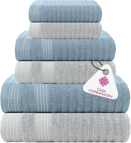 CASA COPENHAGEN Elegance 6 Pieces Towel Set- Grey Violet + Dusty Blue, 550 GSM 2 Bath Towel 2 Hand Towel 2 Washcloth, Designed in Denmark Made of Soft Egyptian Cotton for Bathroom,Kitchen and Shower