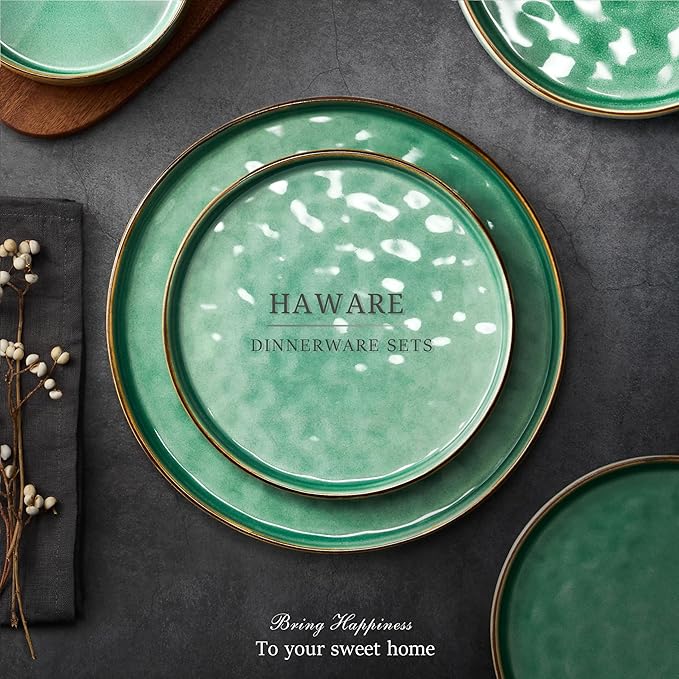 HaWare Dinnerware Sets, 16-Piece Plates and Bowls Set, Stoneware Dish Set for 4, Ceramic Dishware Set for Pasta Cereal, Chip and Scratch Resistant, Microwave and Dishwasher Safe, Reactive Green