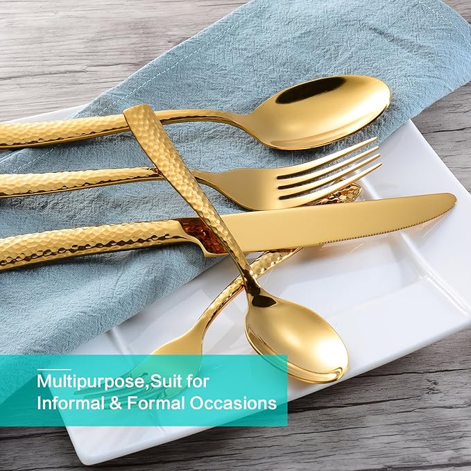 Silverware Set Gold Hammered Pattern Flatware Cutlery Stainless Steel Mirror Polished Utensil 20-Piece Spoons Forks and Knives Dishwasher Safe Service for 4