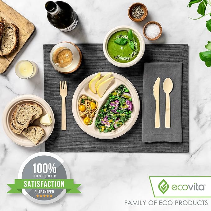 100% Bamboo Forks Spoons Knives Cutlery Combo Set - 380 Large Compostable Disposable Utensils (7 in.) Eco Friendly Durable and Tree Free Alternative to Wooden Silverware with Convenient Tray