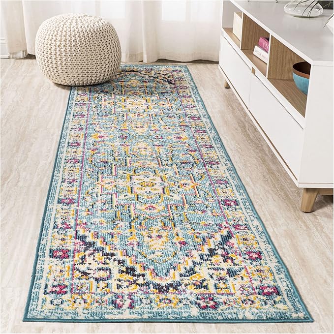 JONATHAN Y Brooklyn Geometric Medallion Blue/Beige Runner Rug, 2x8, Vintage, Bohemian, Easy-Cleaning for Living Room, Bedroom, Kitchen, Pet Friendly, Non-Shedding (MDP207A-28)