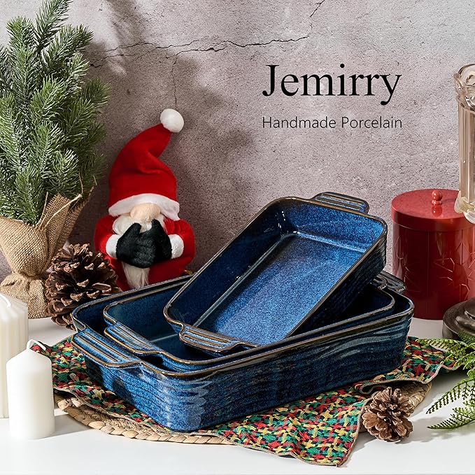 Kiln-Transformed Blue Ceramic Baking Dish Set of 3, Casserole Dishes for Oven, Square Porcelain Bakeware Set with Handles, Lasagna Baking Pan for Cooking, Perfect for Baking and Serving, Housewarming, Halloween, Thanksgiving, Christmas, New Year