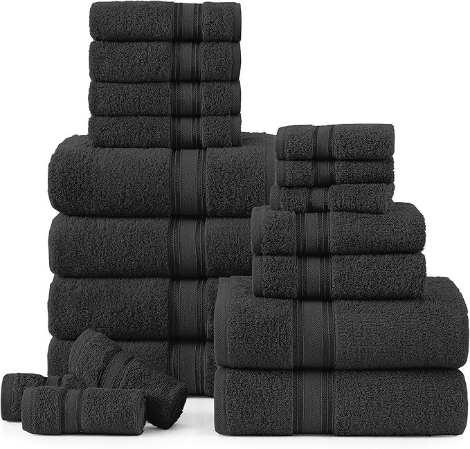 LANE LINEN Luxury Bath Towels Set- 100% Cotton Bathroom Towels, Zero Twist, Quick Dry Shower Towel, Extra Aborbent Super Soft, 6 Bath Towel, 6 Hand Towels, 6 Wash Cloths - Black (18 PC)