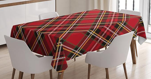 Ambesonne Retro Tablecloth, Diagonal Traditional Vintage Scottish Tartan Pattern Striped Checkered Geometric Tile, Rectangular Table Cover for Dining Room Kitchen Decor, 60" X 84", Scarlet Black