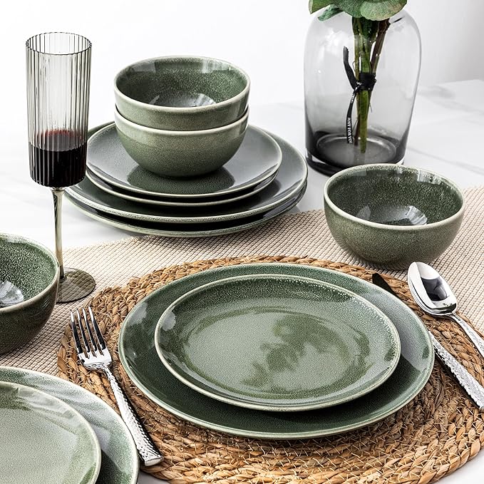 AmorArc Ceramic Dinnerware Sets for 4, 12 Pieces Handpainted Plates and Bowls Set, Scratch Resistant Stoneware Dishes Set, Dishwasher & Microwave Safe, Jade Green