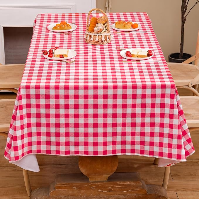 Heavy Duty Vinyl Tablecloth with Flannel Backing Waterproof Oil-Proof Plastic Table Cloth Stain-Resistant Wipeable Rectangle or Square Table Cover for Indoor and Outdoor (Red Checkered, 52x70 Inch)