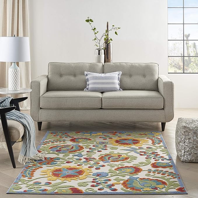 Nourison Home Aloha Ivory Multicolor 5'3" x 7'5" Area Rug - Easy Clean, Non Shedding, Bed Room, Living Room, Dining Room, Kitchen (5' x 8')