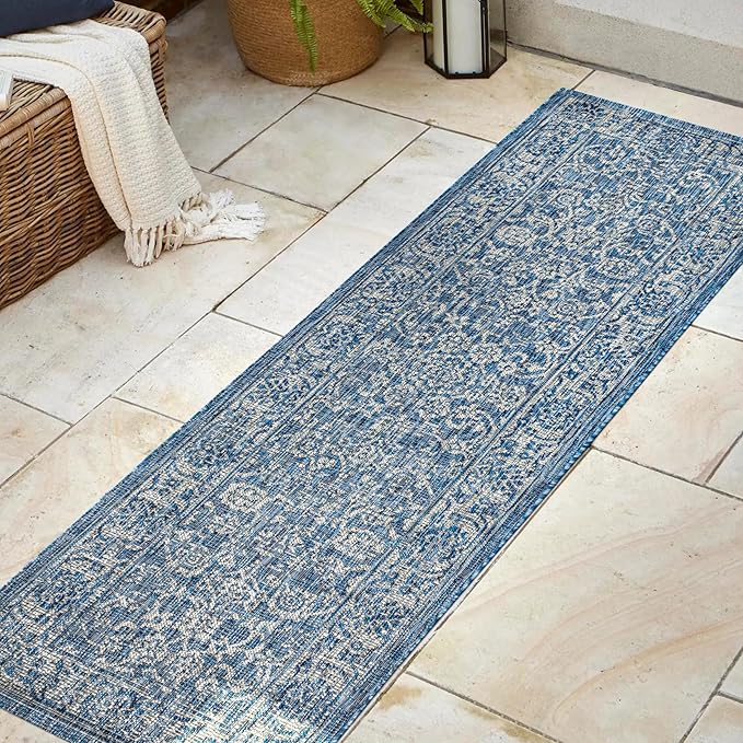 JONATHAN Y Weave Floral Indoor Outdoor Runner Rug 2X10 Navy/Gray, Tela Bohemian Textured for Backyard, Patio, Porch, Easy-Cleaning, High Traffic, Pet-Friendly, Non-Shedding (SMB100B-210)