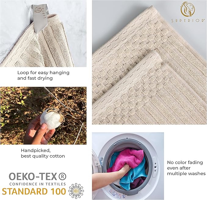 Cotton 2-Piece Solid and Ribbed Bath Sheet Set, Bath Sheets- 34" x 68", Ivory by Superior