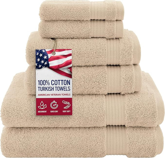 American Veteran 6 Piece Luxury Towel Set, 100% Cotton Turkish Towels - 2 Bath, 2 Hand, 2 Washcloths, Beige