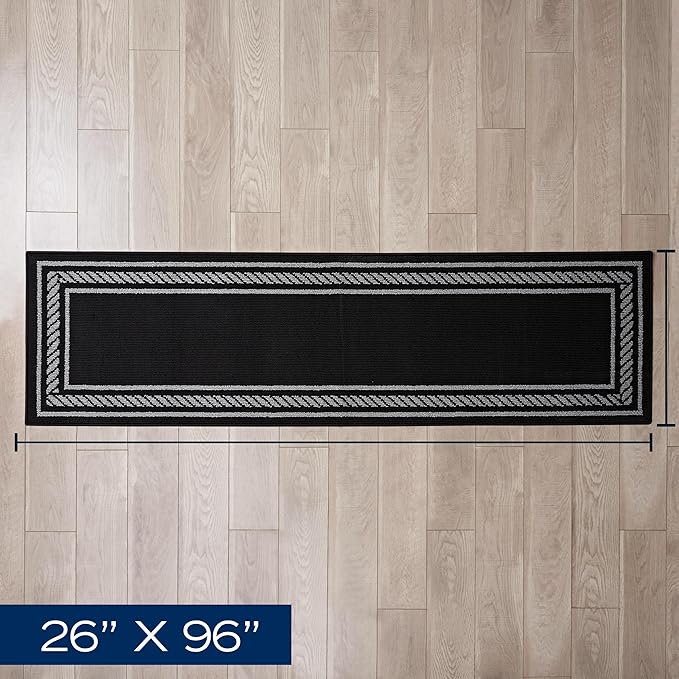 Nautica – Runner Rug | Indoor Runners for Hallways and Entry Rugs| Non-Slip and Non-Skid Entry and Kitchen Door Mat| Machine Washable Entryway Carpet Rugs | 2'2" x 8'| Rope Border Black
