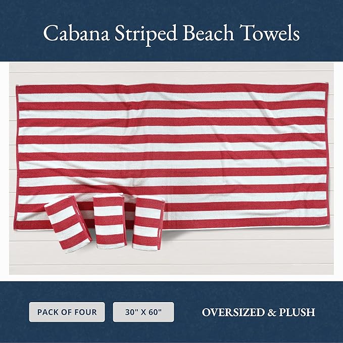 LANE LINEN Large Beach Towel - Pack of 4 Beach Towels Set, 100% Cotton Oversized Beach Towels, Quick Dry Pool Towel Oversized (30' x 60”), Soft & Absorbent, Beach Towel for Women - Red