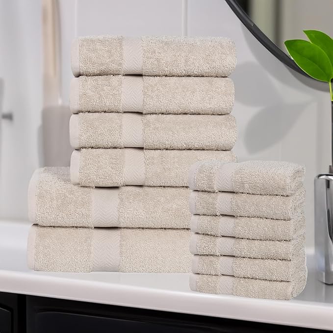 Superior 12-Piece Cotton Assorted Towel Set, Includes 6 Face/Washcloths, 4 Hand, and 2 Bath Towels, Lightweight Essentials, for Home, Gym, Beach, Bathroom, Quick Drying, Franklin Collection, Stone