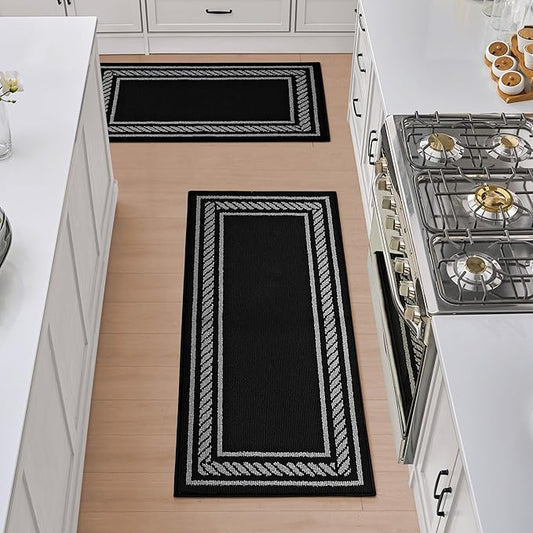 Nautica – Runner Rug 2 Piece Set | Indoor Runners for Hallways and Entry Rugs| Non-Skid Entry and Kitchen Door Mat| Machine Washable Carpet Rugs | 2'2" x 3'9" and 2'2" x 5' | Rope Border Black
