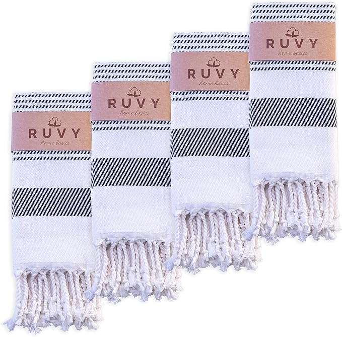 Ruvy Home Basics Turkish Hand Towels for Bathroom Set of 4 | 18"x40", Cotton | Decorative Towel for Bathroom, Kitchen, Dishcloth, Tea, Yoga, Face, Gym - Black