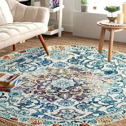 Easy-Going Round Rug 6ft Area Rug Washable Boho Circle Rugs for Living Room Non-Slip Bedroom Rug Low Pile Lightweight Medallion Distressed Throw Rug for Dining Room Kitchen Home Office, Vintage Multi