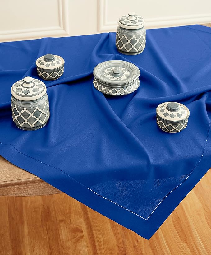 Solino Home Linen Square Tablecloth 52 x 52 Inch - 100% Pure Linen Royal Blue Table Throw - Classic Hemstitch, Machine Washable Table Cloth for New Year