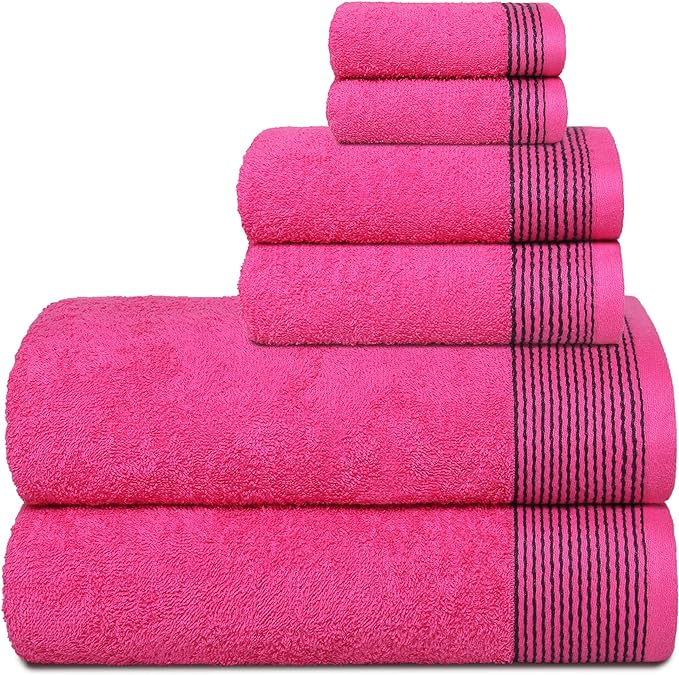 Belizzi Home 100% Cotton Ultra Soft 6 Pack Towel Set, Contains 2 Bath Towels 28x55 inchs, 2 Hand Towels 16x24 inchs & 2 Washcloths 12x12 inchs, Compact Lightweight & Highly Absorbant - Hot Pink