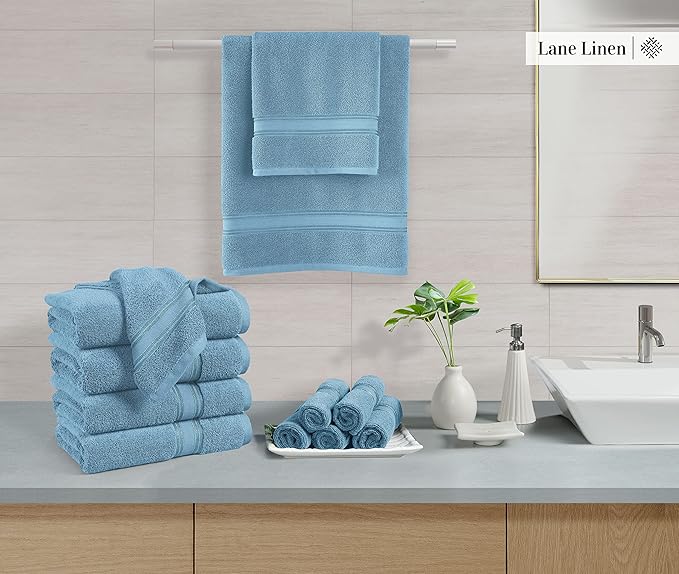 LANE LINEN Luxury Bath Towel Set - 6 Piece Set, 100% Cotton Bathroom Towel, Zero Twist, Quick Dry Shower Towels, Extra Soft Absorbent, 2 Bath, 2 Hand, 2 Wash Cloths - Blue
