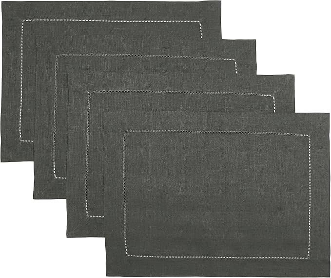 D'Moksha Homes Linen Placemats Set of 4 - Classic Hemstitch Charcoal Grey Placemats 14 x 19 Inch - 100% Pure Linen Table Mats for Christmas, Holiday, New Year - Handcrafted and Machine Washable
