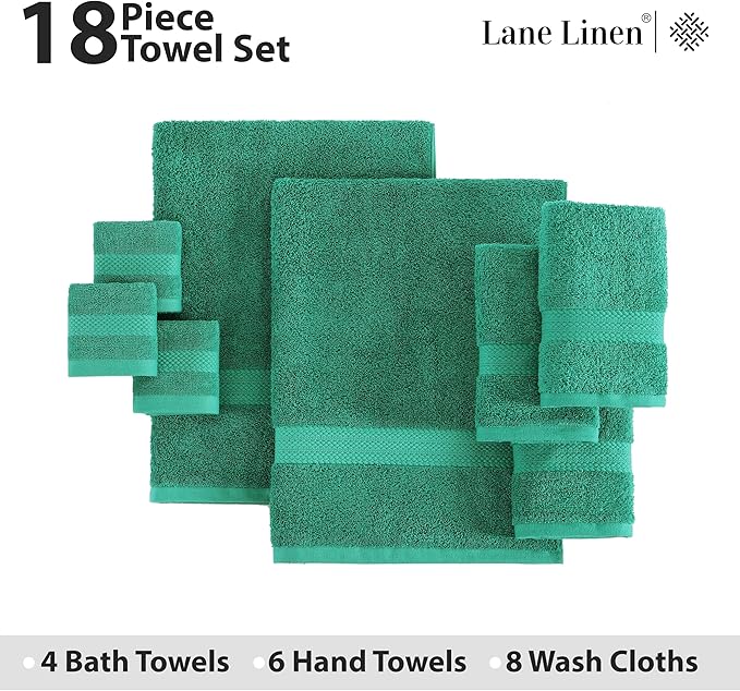 LANE LINEN 100% Ring Spun Cotton Premium Bath Towel Set, 18Pcs Turkish Towels & Washcloths Sets - 4 Bath, 8 Washcloths, 6 Hand - Sustainably Produced, Quick Drying & Gentle on Skin - Emerald