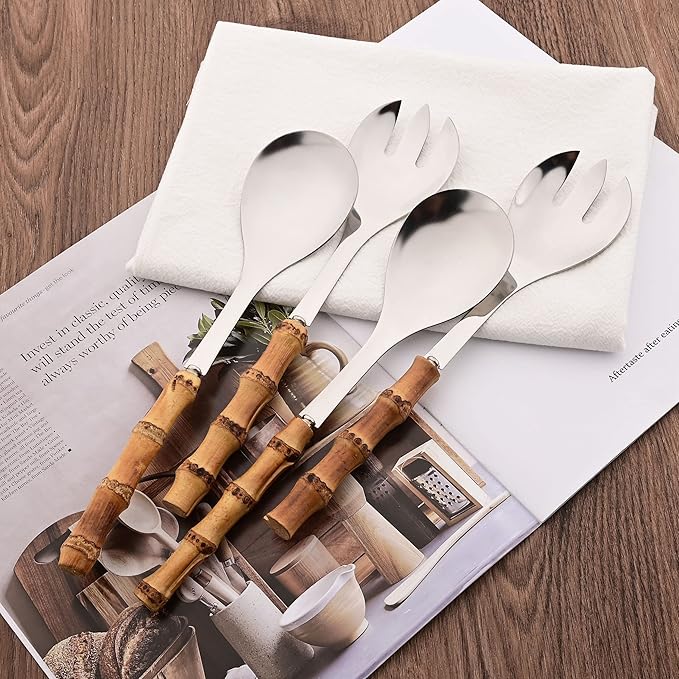 Serving Spoon and Fork Set, 304 Stainless Steel Serving Utensils with Natural Bamboo Handle, 10" Long Handle Serving Set for Kitchen Party Buffet, 4 Pieces / 2 of Each