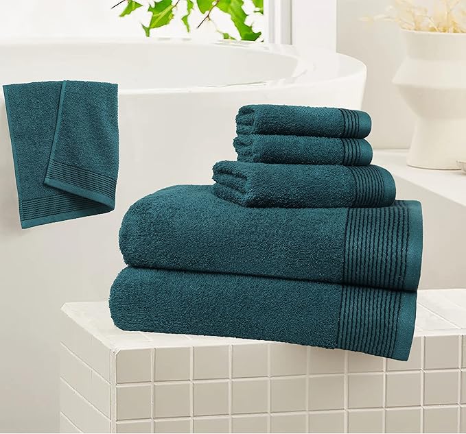 Belizzi Home 100% Cotton Ultra Soft 6 Pack Towel Set, Contains 2 Bath Towels 28x55 inchs, 2 Hand Towels 16x24 inchs & 2 Washcloths 12x12 inchs, Compact Lightweight & Highly Absorbant - Teal