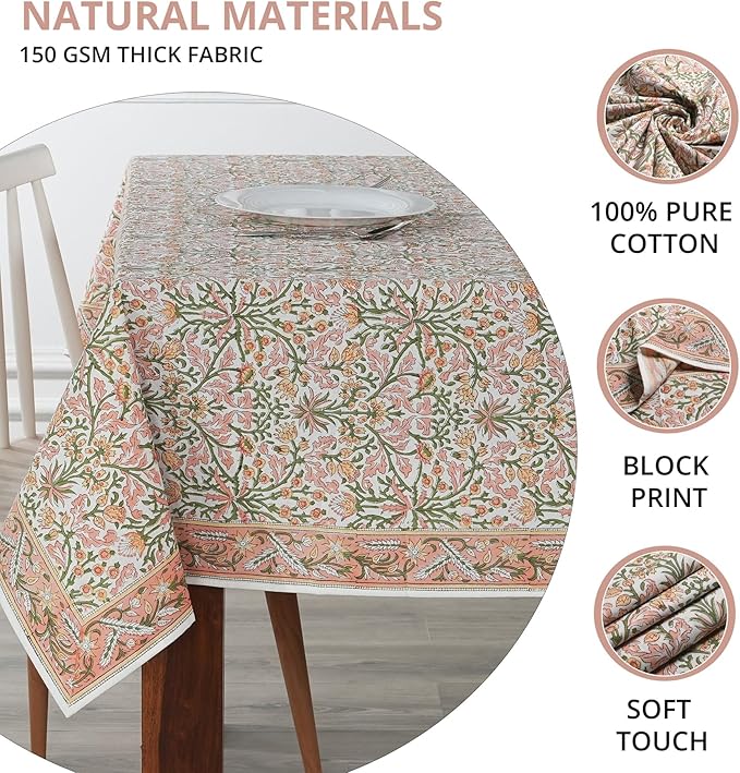 Ridhi Sassy Salmon Emerald Green Hand Block Print Cotton Rectangle Tablecloth 108" x 70" inches Reusable Table Cover Decorative Everyday Use for Dining, Farmhouse, Home, Party, Festive, Wedding, Fall