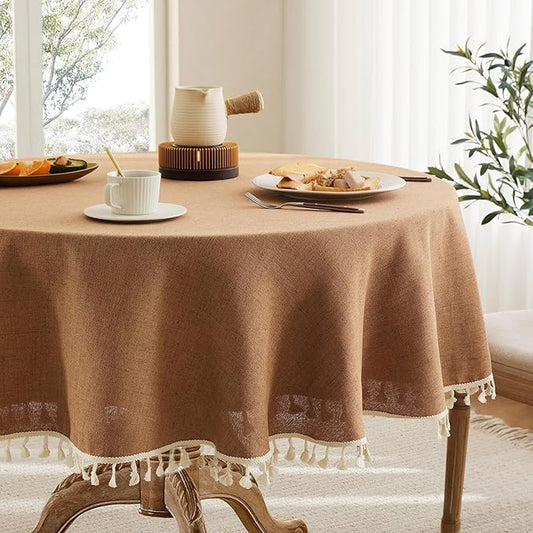Linen Tablecloth with Tassels, Farmhouse Style Brown Tablecloth, Water Resistant Burlap Tablecloths for Round Table, 52 Inch Round Caramel