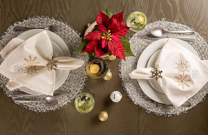 DII Holiday Dining Table Linen Sparkle Metallic Kitchen Décor, Napkin Set, 20x20, Gold & Silver Snowflakes, 6 Piece