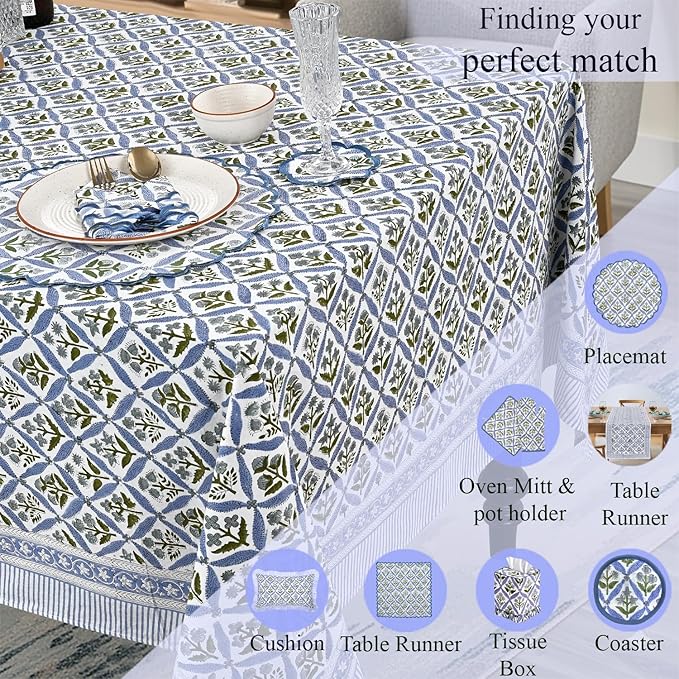 Ridhi Light Steel Blue Hand Block Print Cotton Rectangle Tablecloth 160" x 72" inches Reusable Table Cover Decorative Everyday Use for Dining, Farmhouse, Home, Party, Festive, Wedding, Fall
