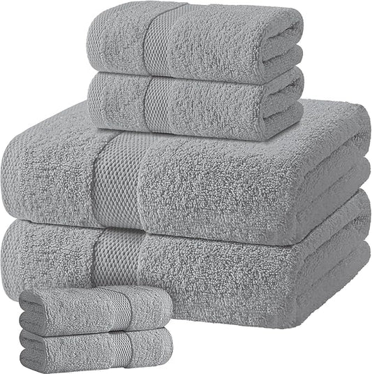Light Gray Bath Towel Set of 6 - 100% Cotton Highly Absorbent Towels for Bathroom, 2 Luxury Bath Towels 650GSM, 2 Hand Towels, 2 Washcloths