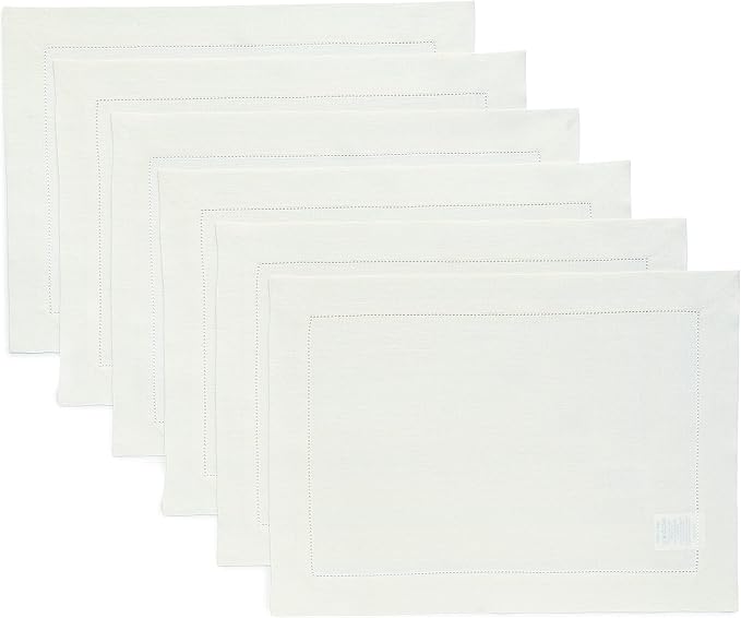 Solino Home Linen Cloth Placemats Set of 6-100% Pure Linen Hemstitch Ivory Placemats 14 x 19 Inch - Classic Hemstitch Table Place Mats for Holiday, New Year