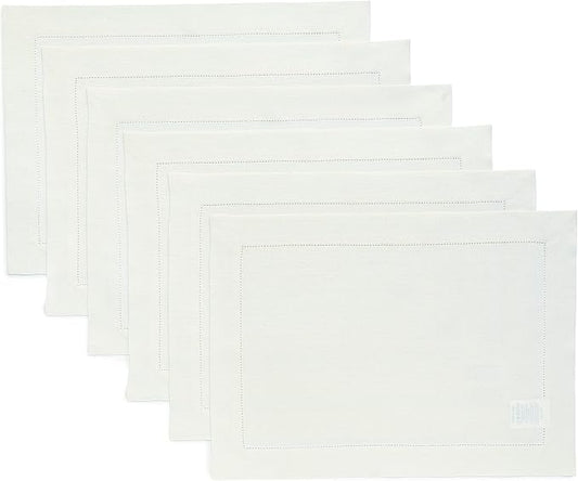 Solino Home Linen Cloth Placemats Set of 6-100% Pure Linen Hemstitch Ivory Placemats 14 x 19 Inch - Classic Hemstitch Table Place Mats for Holiday, New Year
