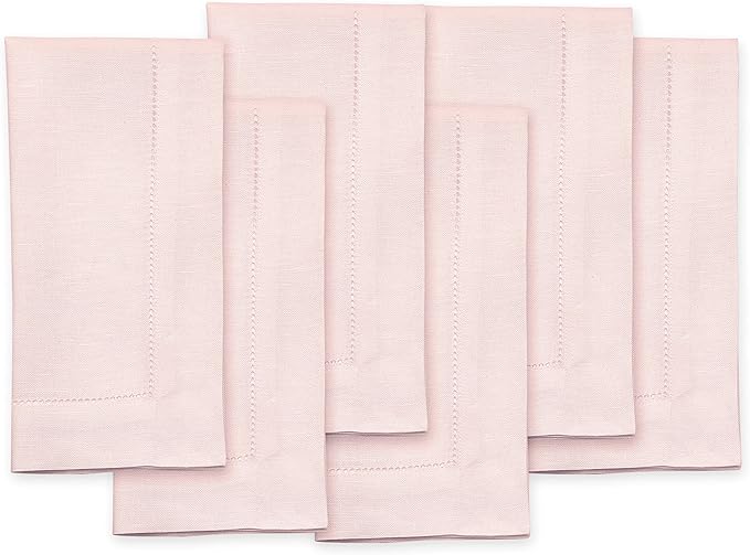 Solino Home Pink Linen Napkins Set of 6-100% Pure Linen Hemstitch Dinner Napkins 20 x 20 Inch for Valentines - Classic Hemstitch