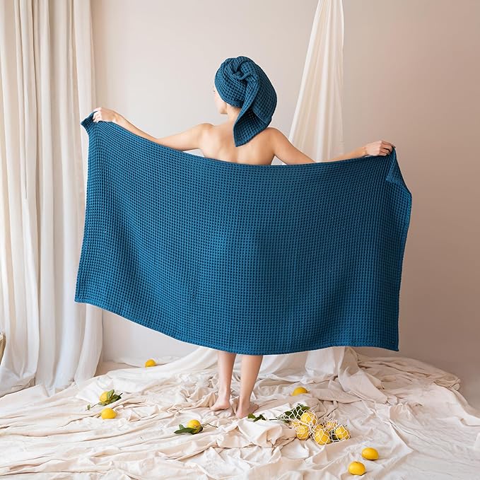 2-Piece Waffle Towels Set for Bathroom Indigo Blue - Soft 100% Turkish Cotton Quick-Dry Lint-Free Waffle Weave Thin Bath and Hand Towels (Indigo, Set of 2 Mix Towels)