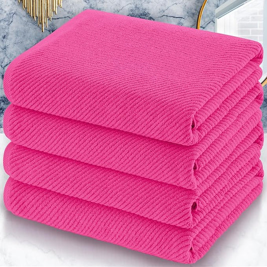 Hot Pink Bath Towels (4PC Large, 30"x56") - 100% Cotton | Quick Dry | Light Weight | Thick | Soft | Absorbent, Luxury Shower Towels with Hanging Loops, Towel Gift Set, Hot Pink Bathroom Accessories