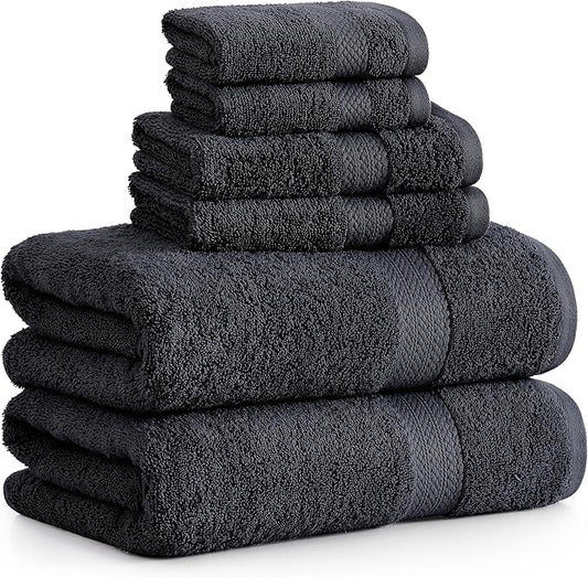 LANE LINEN 100% Cotton Luxury Bath Towel Set - 6 Pieces - Ring Spun, Super Soft & Highly Absorbent - 2 Bath, 2 Washcloths, 2 Hand Towels for Bathroom - Holds Well After Multiple Washes - Black