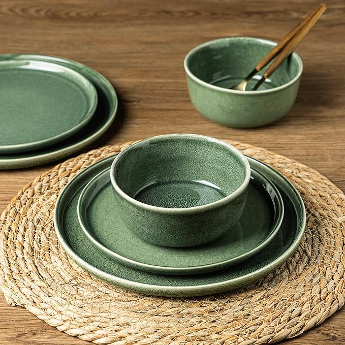 AmorArc Stoneware Dinnerware Sets,Round Reactive Glaze Ceramic Plates and Bowls Set,Highly Scratch Resistant | Dishwasher & Microwave Safe Dishes,Service for 6 (18pc) Jade Green