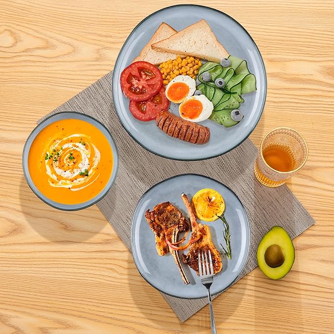 Herogo Plates and Bowls Dinnerware Sets, 12 Piece Stoneware Dinner Dishes Set for 4, Irregular Handmade Dishware Tableware, Crack and Scratch Resistant, Reactive Glaze, Smoky Blue