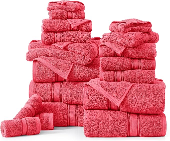 LANE LINEN Towels for Bathroom – 18 Pack, 100% Cotton, Zero Twist, 6 Bath, 6 Hand Towel & 6 Wash Cloths, Highly Absorbent, Luxury Hotel & Spa Quality, Machine Washable – Honeysuckle