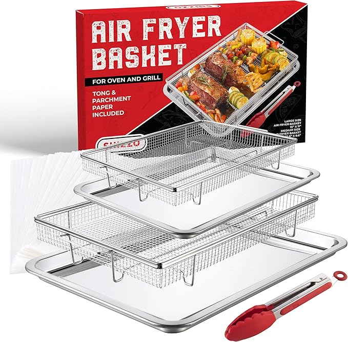 Air Fryer Basket for Oven(Set of 2) – Stainless Steel Air Fryer Tray and Pan Set with 50 Parchment Papers & Food Tongs – Oven Air Fryer Basket and Tray for Baking, Grilling, Crisping