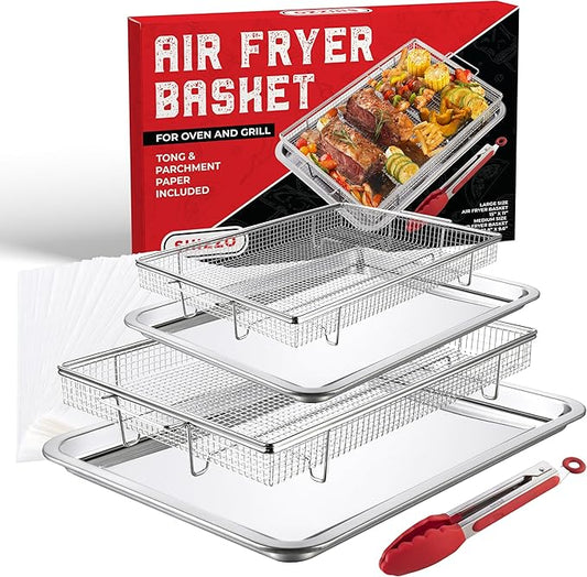 Air Fryer Basket for Oven(Set of 2) – Stainless Steel Air Fryer Tray and Pan Set with 50 Parchment Papers & Food Tongs – Oven Air Fryer Basket and Tray for Baking, Grilling, Crisping