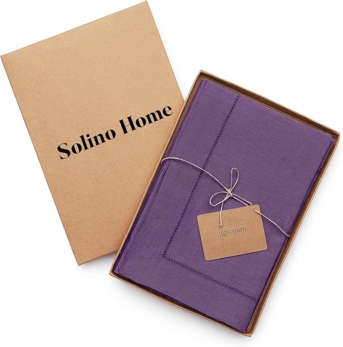Solino Home Purple Linen Napkins Set of 4-100% Pure Linen Hemstitch Dinner Napkins 20 x 20 Inch for Winter, Holiday, Valentines, New Year - Classic Hemstitch